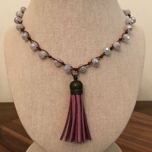 Rondelle Crystal Tassel Necklace | Lavender | 40” Length - Picture 2 of 3